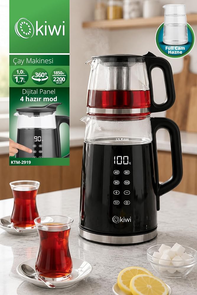 Kiwi Ktm-2919 Cam Çaycı Elektrikli Çay Makinesi | 1.7L & 1.0L Demlik & Derece Ayarlı Dijital Panel & Cam Kettle