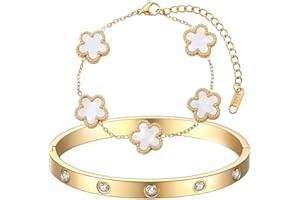 TENGWA Plaqué 18K Bracelet Femme 2 Pièces Bijoux Trèfle Porte-Bonheur Cadeau Femme Bracelets Empilables pour Les Mariages Anniversaires Saint-Valentin et Nouvel An