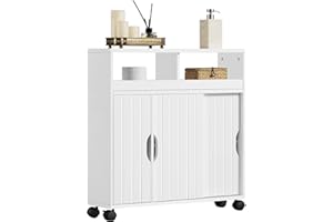 Yaheetech Szafka łazienkowa, szafka boczna, wózek łazienkowy, stojąca, szafka łazienkowa z drzwiami przesuwnymi, na kółkach, do korytarza, łazienki, biała, płyty MDF, 69,5 x 20 x 71,5 cm