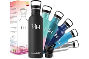 HoneyHolly Gourde Inox, 500/750/1000ml, Bouteille d'eau Acier Inoxydable, Gourde Metal, Anti Fuite Reutilisable Sans Bpa Gourdes Eau pour Sport, Randonnée, Adulte, Yoga | Bouteille Inox
