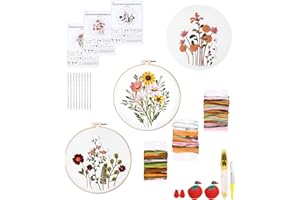 COTEPI Kit di 3 Ricamo Starter, Set da Ricamo per Principianti, Set da Ricamo Fiori, Kit Punto Croce, Ricamo Starter Kit per Adulto Principianti, Artigianato artistico fai da te set ricamo