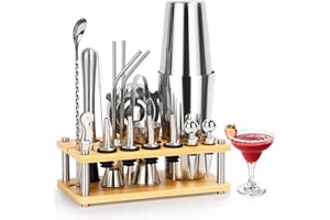 MUUKAIII 750ML Boston Shaker Set, 20 Teiliges Edelstahl Cocktail Zubehör, Profi Barkeeper Set mit Ständer and 4 rutschfeste Silikonpflaster Geschenk für Männer Frauen Freunde