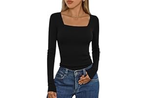 Aottori T-Shirt à Manches Longues Femme Col Carré Côtelé Chic élégant Slim Fit Haut Décontracté Tee Shirt Tunique Basic Top Tshirt Pull