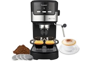 beper P101CAF100 Macchina caffè espresso Duetta, 1100W, Adatto a cialde e caffè in polvere, Macchinetta caffè con braccio a doppia uscita, 15bar, Piano scalda tazze, misurino e pressino inclusi, Nero