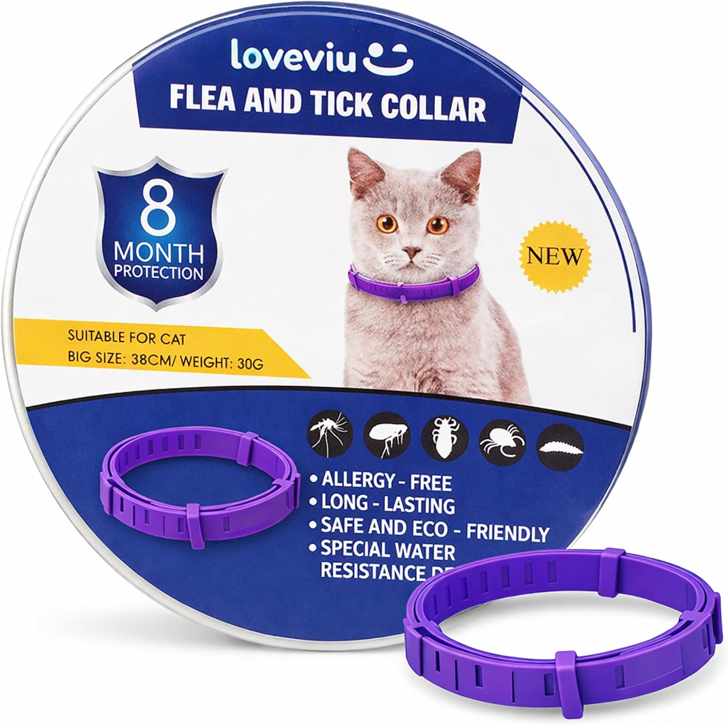 Collar Antiparasitario Gatos - 100% Natural – Protección 8 Meses contra Pulgas, Garrapatas, Mosquitos & Piojos – 38 cm, Impermeable y Ajustable, Uso al Aire Libre (Morado)