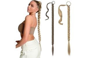 KAYEF trenzas postizas largas, 2 piezas pelo postizo trenzas, peluca coleta, extensiones trenza, peluca trenza (lino, rubia)