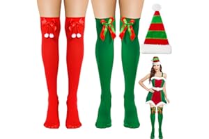 KIKVTER 2 Paar Weihnachten Overknees Strümpfe Damen, Weihnachten Schleifenstrümpfe und Nikolausmütze, Weihnachten Kniestrümpfe, Weihnachten Überkniestrümpfe, Weihnachtssocken Damen, Rot und Grün