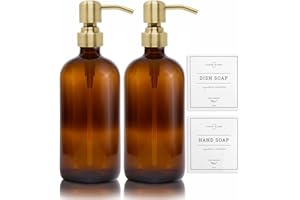 Vine Creations Amber Glass Soap Dispenser, 2 Pack Kitchen Soap Dispenser Set with Stainless Steel Pump, 16 oz Hand Soap Dispenser Bathroom, Dish Soap Dispenser for Kitchen with Waterproof Labels