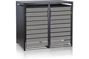 Zelsius Mülltonnenbox 2er Mülltonnen | (B) 132 x (T) 80 x (H) 117 cm | Anthrazit RAL7016 | Tür in hellgrauer Holzoptik mit Erweiterungsmöglichkeit | Mülltonnenverkleidung, Garten Müllbox