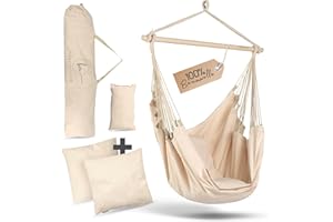 ‎BM BELLAMATILDA BELLAMATILDA® HÄNGESESSEL 100% Baumwolle | breites Tuch und 3 Kissen | Hängestuhl Outdoor & Indoor | XXL Hängesitz für Erwachsene & Kinder bis 150 kg (Länge 120_x_Breite 160_cm, Ivory Beige)