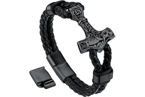 Bandmax Men Black Leather Braided Wristband with Pendant Thor's Hammer/Skull/Masonic Charm Wax Rope Bracelets with Adjustable Magnetic Buckle -Gift Packed