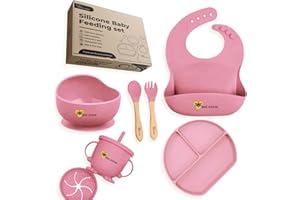 BEE KIDDIE Baby Weaning Set,Silicone Suction Bowl Plate, Cup with lid, bib and Spoons. It's Essential Munchkin/Toddler Bowls for Childrens kit.7pcs kit for Your Babies.Eco Friendly BPA Free. UK Brand