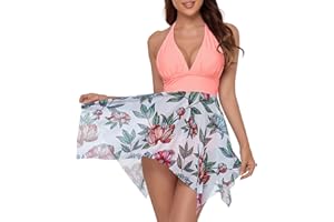 Danfiki Damski jednoczęściowy strój kąpielowy plus size stroje kąpielowe kwiatowy nadruk kostium pływacki kontrola brzucha sukienka do pływania ze spódnicą