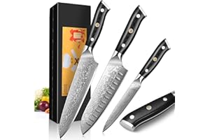Home Safety 3 Pièces Ensembles de Couteaux Cuisine, Set Couteau Cuisine Damas, 67 Couche Acier Couteaux Japonais - Couteau de Chef 20CM, Couteau Santoku 17,5CM, 12,5CM Couteau Universel