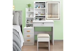 SAALU Schminktisch mit LED-Beleuchtung Spiegel,einstellbare Helligkeit, Schminktisch mit Stuhl, Frisiertisch mit 3 Schubladen und5 Ablagen, Modern Kosmetiktisch aus Holz, Weiß