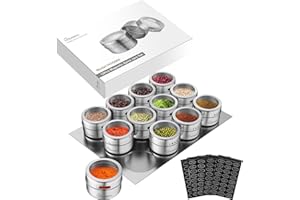 HOMGEN 12Pack Magnetic Spice Jars Set Stainless Steel Magnetic Spice Containers 100ml/3.4oz Magnetic Spice Jars for Fridge BBQ Magnet Spice Tins Set Magnetic Spice Pots with Lids for Kitchen