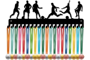CREATCABIN Porta Medaglie Calcio Ganci Porta Medaglie in Ferro Organizzatore Medaglie Montato A Parete 20 Ganci Espositore Nastri Medaglie Atleti Appassionati Sport Calcio Vincitori 40x5.5cm