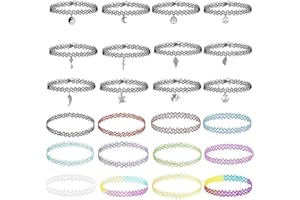LSUWDE Choker Necklaces, 24Pcs, Tattoo Choker, Elastic Necklace, Stretchable Neon Chokers, Multi-Color Necklace, Rainbow Bracelet, Vintage Necklace, Gothic Necklace, Tattoo Choker, for Girls Lady and Women