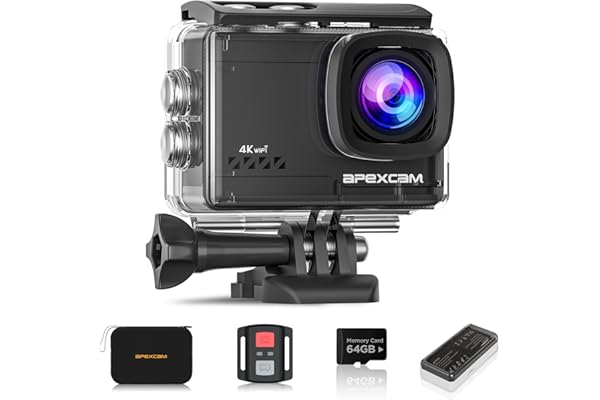 Apexcam Caméra Sport 4k 60fps avec MicroSD 64 GB Action Cam WiFi Camera Étanche 40M Ultra HD Caméra d'action avec 2.4G Télécommande et 2 Batteries Rechargeables et kit d'accessoires…
