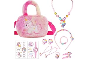 SOETDERT Einhorn Handtasche Geschenk, Mädchen Einhorn Schmuck Set, Einhörnern Kinderschmuck Halskette Armband, Ring, Haarspange, Geburtstagsgeschenk für Kinder Mädchen Rollenspiel