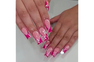 GlamRays 24 sztuki, długie kwadratowe sztuczne paznokcie, błyszczące, różowe, francuskie paznokcie, akrylowe, squowal, sztuczne paznokcie, na lato, kwiaty, z wzorem