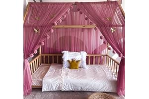 Baby Fancyroom Ciel de lit de Maison, décoration pour Chambre d'enfant, lit d'enfant, baldaquin, Guirlande de Pompons en Tulle de qualité supérieure (Vieux Rose Fonce, 380cm, +5 Papillons Dores)
