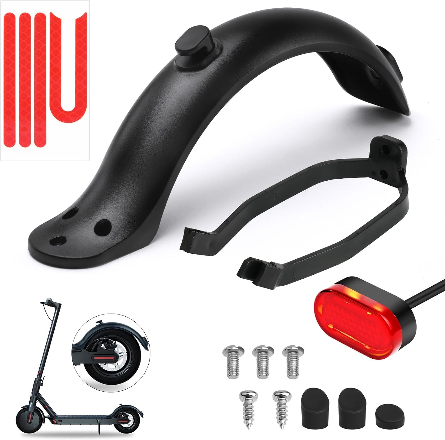 Ainiv Guardabarros Trasero para Scooter y Patinete Electrico con Soporte Guardabarros/Luz Trasera LED/Tira Reflectante, Repuesto Accesorio Compatible con Mi Xiaomi M365/ M365 Pro