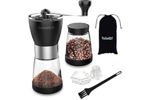 ASPECTEK KitchenPROP Molinillos de Café Manual,Juego de 14 Molinillos de cafe con Dos Tarros de Cristal Transparente de 5.5 Onzas, de Cerámica Ajustable, Cepillo para Molinillo de Granos de Café