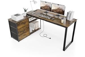 TRIUMPHKEY Scrivania Angolo per Computer 140x105x75cm,Scrivania con 3 Cassetti,Reversibile Scrivania a Forma di L con 2 Porte di Ricarica USB e 2 Prese di Corrente,Scrivania per Casa Ufficio,Marrone