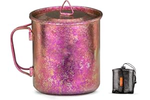 TiTo Titanium Cup Camping Tea Coffee Water Mug Ultralight Portable Cookware 450ml Foldable Handle Titanium Pot with Lid for Outdoor Backpacking Hiking Picnic Drinkware Open Fire (Rose Red)