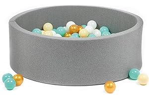 LUDI - Piscina a sfera rotonda in schiuma - Ø 90 cm x H 30 cm - per bambini dai 6 mesi - 100 palline incluse - Tessuto morbido e lavabile - Colore Grigio - Favorisce la capacità motoria e il