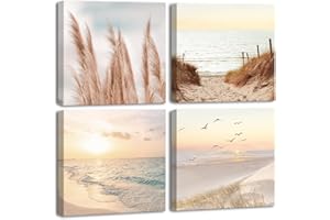 CHDITB 4pcs（40 * 40CM） Beach Wall Art Framed,Coastal Scenery Sunset Canvas Pictures,Beige Seascape Poster,Ocean Seagull Reed Canvas Paintings,Landscape Artworks for Bedroom Bathroom Living Room Decor