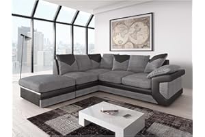 Furnishings For Less UK New Large Dino 4 to 5 Seater Corner Sofa Cord Black and Grey or Brown and Beige Left or Right Hand With FREE FOOTSTOOL (Black and Grey, Left Hand Facing)