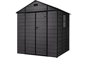 Wasabi - Caseta de Resina Jardín Aqua 4,6m2 - Suelo Incluido - Ventana Lateral - Doble Puerta abatible - Acabado Madera en Color Negro – Paneles 12mm de Espesor - Cobertizo PVC Almacenaje Exterior