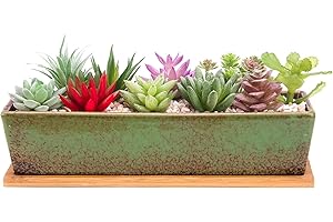 ARTKETTY Macetas suculentas rectangulares de 12 Pulgadas de Largo con bandejas de Drenaje, macetas Grandes de cerámica con Cactus para Plantas de Interior/Exterior, Caja de Ventana de bonsái Poco Profunda