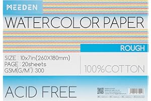 MEEDEN Watercolour Paper Block, 100% Cotton Watercolour Paper Pad of 20 Sheets, 140lb/300gsm, Acid-Free Art Paper for Watercolour, Gouache, Ink and More, 10" x 7" Rough Grain