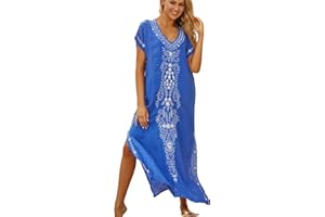 YOUKD Coton D'été Brodé Floral Lâche Caftan Boho Beach Bikini Cover Up Dress Grande Taille Robe pour Les Femmes