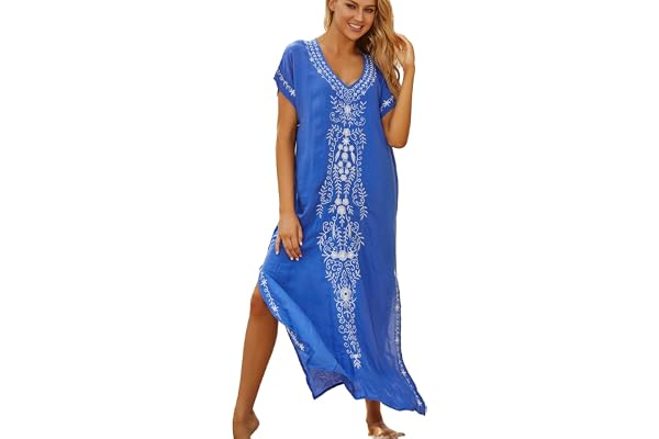 YouKD Broderad och blommig sommarklänning med lös passform i bomull, kaftan och bohemisk stil, strandklänning, bikini-överdrag i stor storlek, för kvinnor