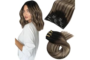Moresoo Human Hair Extensions Clip in Ombre Real Hair Clip in Extensions Black to Dark Brown with Dark Blonde Double Weft Hair Extensions Real Human Hair 12 inch 5 Pcs/80G #1B/4/14