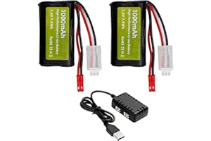 ZYGY 2PCS 7.4V 1000mah 2S Batterie Li-ION avec fiche JST et Chargeur 2 en 1 pour Voitures RC, acrobaties, camions, véhicules de Construction, Bateaux RC, excavateurs, modèles de Voitures Jouets