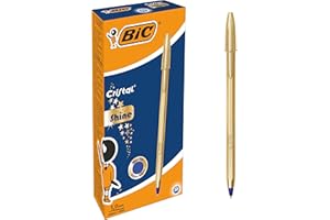 BIC Cristal Original Shine - Stylo-Bille Pointe Moyenne (1,0 mm) Corps Doré - Écriture Fluide et Élégante à Encre Bleue, Boîte de 20
