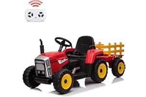 BALOVEBY 12 V Trattore elettrico alimentato a batteria per bambini, auto per bambini con telecomando, faro a 7 LED, cambio di velocità 2 + 1, lettore MP3, USB, per bambini da 3 a 6 anni, rosso