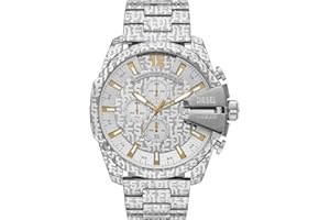 Diesel Reloj para hombre Mega Chief, movimiento cronógrafo de cuarzo, caja de acero inoxidable plateado de 59 mm con correa de acero inoxidable, DZ4308