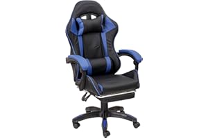 Baroni Home Chaise Gaming avec Dossier Ergonomique Incliné et Hauteur Réglable, Chaise de Bureau avec Support Lombaire, Tête Repose-Mollet Rembourré et Repose-Pieds Extensible, Bleu, 58x66x114-124 cm