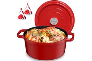YASHE Pentola in Ghisa con Coperchio, Casseruola Antiaderente, Forno Olandese Smaltato Rotondo per Zuppe, Stufati e Cottura al Forno, Rossa