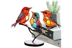 HUJINKAN Colorful Stained Glass Birds, Bird Series Metal Decorations,Stained Glass Desktop Ornaments Birds On Branch, Wood Base Acrylic Long Lasting Home Decor For Bedroom, Shelf, Side Table