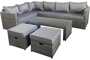 WOWCHER 8 Seater Rattan Corner Sofa Set Gunnersbury Weatherproof Garden Furniture L Shaped Sofa Glassed Topped Coffee Table Cushions with Removable Washable Covers Table Grey