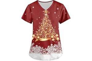SAYMANY Weihnachten Kasacks Damen Pflege Bunte T Shirt Schlupfkasack Damen Kurzarm Weihnachtsshirt Bequem Pflege Kleidung Damen V-Ausschnitt Weihnachts Shirt Rentier Muster Bluse mit Taschen