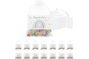 Chanumetal 15 Set Glückssteine für Kinder, Jedes Set besteht aus 10 kleinen 6x9mm Bunte Edelsteine für Kinder mit “Magische Stine” Regenbogen Grußkarten, Mitgebsel Kindergeburtstag
