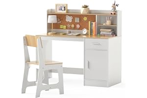 RELAX4LIFE Set Scrivania e Sedia per Bambini, Tavolo da Scrittura in Legno con Sedia, Ripiano, Bacheca, Cassetto, Armadio per Lettura, Disegno, Set di Tavoli da Studio per Bambini (Naturale+Bianco)